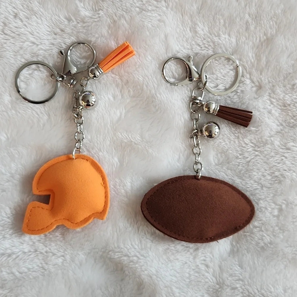 Orange Helmet and Brown Football Rhinestone Keychain Set